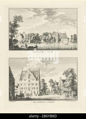 Kasteel en raadhuis te Goch 't Kasteel te Goch 't Raadhuys te Goch (titel op object) Dorps- en stadsgezelten te Kleef (serietitel) Zwei Bilder von einer Platte. Blick auf das Schloss in der Nähe der deutschen Stadt Goch (oben) und das Rathaus im Zentrum von Goch (unten). Der Druck ist Teil einer 100-teiligen Serie mit Blick auf Dörfer und Städte Kleef. Hersteller : Druckerhersteller Paulus von Liender (Listed Property) zur Zeichnung: Jan de Beijer (Listed Building) Vom: 1758 Physical Features: Ätzmaterial: Papiertechnik: Ätzmaße: Plattenkante: H 149 mm × W 204 mmToelichtingPrent ebenfalls enthalten in: Stockfoto