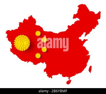 Corona-Virus-Symbol auf rot gelbem chinesischen Kartenfahne china Hintergrund. Cornavirus COVID-19 globales Konzept zur epidemischen Epidemie bei Ausbruch von Epidemien. Stockfoto
