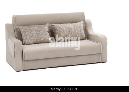 Großer Blick auf das cremefarbene Sofa mit zwei Kissen Stockfoto