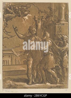 Keizer Augustus en de Tiburtijnse Sibille Die Tiburtine Sibyl zeigt Kaiser Augusts Aussehen eines Engels an Maria und des Christuskindes am Himmel. Zwei umstehende Männer sind rechts. Hersteller : Druckmaschine Antonio da Trentonaar Design: Parmigianinoplats Herstellung: Italien Datum: 1528 - 1530 Physische Merkmale: Chiaroscuro Holzschnitt in Schwarz und Braun; bedruckt einen Holzleitblock und einen Holztonblock Material: Papiertechnik: Chiaroscuro-Holzschnitt Abmessungen: Blatt: H 346 mm × W 266 mm Betreff: Die Tiburtine SIBYL und August: Das Sibyl enthüllt dem Kaiser eine Vision der Madonna im Himmel madonna: Stockfoto