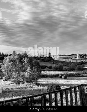 Schwarz-Weiß-Komposition eines großen Gräberfeldes mit Kornfeld, Heuhaufen und einer Kirche im Hintergrund auf dem Land in Maramures Stockfoto