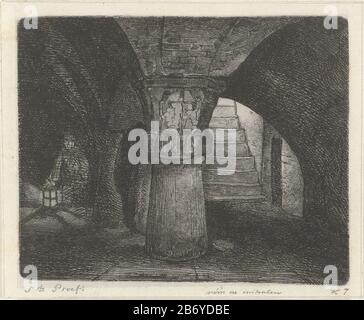 Keldergewelf Den Gewölbekeller einer Burg, die auf schweren Säulen ruht. Im Hintergrund ein Mann mit Lantaarn. Hersteller: Druckmaschine: Jacobus Ludovicus Cornet zur Gestaltung: Jacobus Ludovicus Cornet Herstellung: Leiden Datum: 1830-1882 Physische Merkmale: Radierung; Proofing Material: Papiertechnik: Ätzmaße: Plattenkante: H 103 mm × W 128 mmToelichtingColle. La Faille Thema: Keller, Kellergewölbe  Architektur Stockfoto