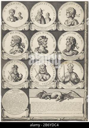 Keizer en koningen, Medaillons 102-146, blad 14 Keizer en koningen (serietitel) Blatt 14 von insgesamt 14 Blättern mit je 12 (und Klinge 14:9) nummerierten Medaillons, die Kaiser und Koningen darstellen. Hersteller : Druckerhersteller Jan van Vianen (denkmalgeschütztes Gebäude) Herausgeber: François Halma (denkmalgeschütztes Gebäude) gewidmet in: Henry Casimir II. Graf von Nassau-Dietz (auf Objekt angegeben) Ort Herstellung: Utrechter Datum: 1695 Physikalische Eigenschaften: Ätzmittel und Engra-Material: Papiertechnik: Ätzung/Engra-Messungen (Druckprozess): Blatt: H 548 mm × W 400 mmOnderwerpwie: Constans II (Kaiser der Stockfoto