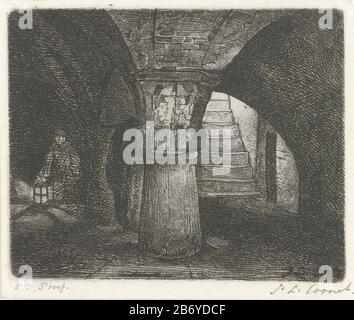 Keldergewelf Den Gewölbekeller einer Burg, die auf schweren Säulen ruht. Im Hintergrund ein Mann mit Lantaarn. Hersteller : Druckmaschine: Jacobus Ludovicus Cornet (denkmalgeschütztes Eigentum) entworfen von: Jacobus Ludovicus Cornet Herstellung: Leiden Datum: 1825-1882 Physikalische Merkmale: Ätzmaterial: Papiertechnik: Ätzmaße: Plattenkante: H 103 mm × b 128 mm Betreff: Keller, Kellerraum  Architektur Stockfoto