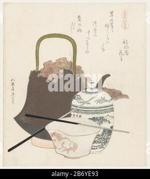 Keramik aus SômaSômayaki (Titelobjekt) EINE Reihe von Pferden (Serientitel) Uma zukushi (Serientitel Objekt) Objekttyp: Print surimono Artikelnummer: RP-P-2000-211Catalogusreferentie: Forrer 250 Aufschriften / Marken: Sammlermarke, Verso, gestempelt: Van Doorn Stempelsammelbeschreibung: Stillleben mit Teekanne, Porzellantopf mit Deckel und einem Becher mit einem galloperndem Pferd. Die Eisenstangen werden verwendet, um die Holzkohle beim Kochen des Wassers für den Tee zu stochern. Soma ist ein Dorf in der Provinz Mutsu, das für seine Keramik bekannt ist. Mit einem gedicht. Hersteller: Druckmaschine: Katsushika Hokusai (aufgeführt Stockfoto