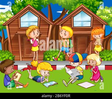 Szene mit vielen Kindern, die in der Park-Illustration lesen und spielen Stock Vektor
