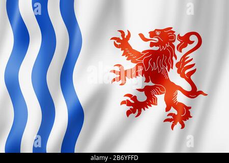 Flagge der Region Nouvelle-Aquitaine, Frankreich schwenkt Bannersammlung. 3D-Abbildung Stockfoto