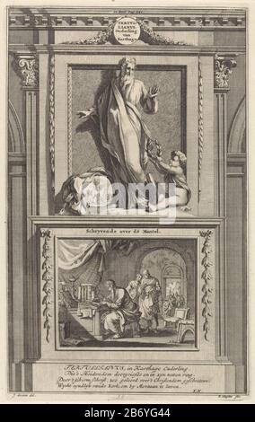 Kerkvader Tertullianus van Carthago Tertullianus Ouderling van Karthago Schryvende over de Mantel (Titel op object) Der Kirchenvater Tertullian von Karthago beobachtet einen Engel, der ihm einen Lorbeerkranz anbietet. Tertullian steht auf einem Sockel. Auf der Vorderseite eine Szene, Wo: Er schreibt in einer seiner Schriften. Drucken Sie oben Mitte markiert: II. Teileseite: 240. Hersteller : Druckerhersteller Jan Luyken (denkmalgeschütztes Gebäude) Druckerhersteller: Zacharias Chatelain (II) (denkmalgeschütztes Gebäude) in Zeichnung: Jan Goeree (denkmalgeschütztes Eigentum) Autor: François Halma (denkmalgeschütztes Gebäude) Herausgeber: François Halma Herstellungsort: Amsterdam Datum: Stockfoto