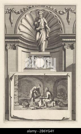 Kerkvader Eusebius van Caesarea, Kirchenvater Eusebius von Caesarea, steht auf einem Sockel. Auf der Vorderseite der Szene, Wo: In ihm von seinem Mentor Pamphilus von Caesarea im Gefängnis beschocht. Hersteller : Druckerhersteller Jan Luyken Druckautor: Zacharias Chatelain (II) zum Zeichnen: Jan Goeree Ort Herstellung: Amsterdam Datum: 1698 Physikalische Merkmale: Ätzung und Engraa; Proofing Material: Papiertechnik: Ätzung / Engras (Druckverfahren) Maße: Plattenkante: H 271 mm × W 170 mmToelichProbedruck Abbildung von: Cave, William. Apostolische Antiquitäten, oder Leben (...) von heyligen Aposteln drei Stockfoto