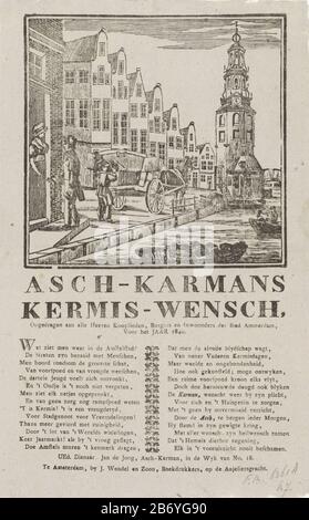 Kermisprent van de Amsterdamse askarrenmannen voor het jaar 1840 Asch-Karmans Kermi-Wensch (titel op object) fairer Druck für die askarrenmannen (Karrenman oder Müll), Amsterdam für das Jahr 1840. Blick auf die Oude Schans mit den Montelbaanstoren Amsterdam mit einem Mann leegkiepert einen Eschenbecher in den Wagen, während ein anderer Mann Heimgeld holt. Unten in einem Gedicht in zwei Spalten. Im Auftrag von Jan de Jong, dem Arkadenträger des Distrikts Nr. 18. Hersteller:. Druckerhersteller: Anonymer Mitarbeiter J. Wendel und Son (börsennotiertes Objekt) Herstellung: Amsterdam Datum: 1840 Physische Merkmale: Te Stockfoto