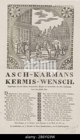 Kermisprent van de Amsterdamse askarrenmannen voor het jaar, 2. Januar, 1. Januar, 1. Januar, 1. Januar, 1. Januar, 1. Januar, 1. Januar, 1. Januar, 1. Januar, 1. Januar, 1. Januar, 1. Januar, 1. Januar, 1. April, 1. April, 1. Januar, 1. Ein Mann, der einen Eschenbecher in den Wagen trägt, steht in einer Straße in Amsterdam gegenüber, während ein anderes Haus Geld holt. Unten in einem Gedicht in zwei Spalten. Im Auftrag von J.D. Farjon der Askarreman des Distrikts Nr. 19. Hersteller:. Druckmaschine: Anonymer Druckerei-Hersteller J. Wendel und Son (Listed Property) Ort Herstellung: Amsterdam Datum: 1842 Physische Merkmale: Textdruck mit Darstellung in Holz Stockfoto