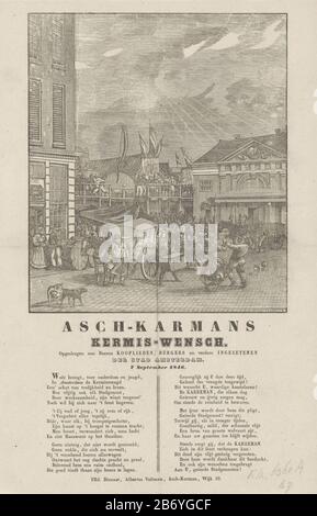 Kermisprent van de Amsterdamse askarrenmannen voor het jaar 1846 Asch-Karmans Kermis-Wensch, 6. september, im Auftrag der Askarrenmannen (Karrenman oder Müll) in Amsterdam. Blick auf die Messe auf dem Botermarkt die Regelmäßige Waag. Auf dem Markt zwei Müllwagen. Unten in einem Gedicht in zwei Spalten. Im Auftrag von Albertus Veltman, dem Askarreman des Bezirks Nr. 10. Hersteller:. Druckerhersteller Dirk Wijbrand Publican (börsennotierte Immobilien) Ort Herstellung: Amsterdam Datum: 16607 Physische Merkmale: Textdruck mit Darstellung in Holz-Engra-Material: Papiertechnik Stockfoto