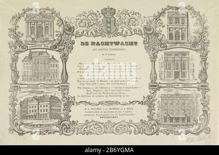 Kermisprent van de Amsterdamse nachtwacht voor het jaar 1849 De Nachtwacht aan Amstels Ingezetenen (titel op object) fairer Druck von Amsterdam Nachtwächter (Rattle Guard), 10. september 1849. Zwischen Blättern und zarten Bildern von: Die Vielfalt des Nes, des französischen Theaters, des niederländischen Theaters, des Alten Salon de Variety in der Amstelstraat, des französischen Variétés und Des Hochdeutschen Theaters. Ein Vers in drei Teilen. Im Auftrag der Nachtwache im Viertel Nr. 8 der 4. Sektion: H.C. Wittpen J.C. Escherig und J. Swen. Hersteller: Druckereihersteller: Friedrich Robert Prinz (börsennotiertes Objekt) Platzmanufactur Stockfoto