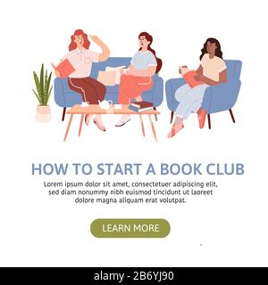 Gruppe von Frauen, die auf dem Sofa sitzen und dem Mädchen beim Lesen des Buches zuhören. Bücher Lover Club Vector Landing Page Stock Vektor