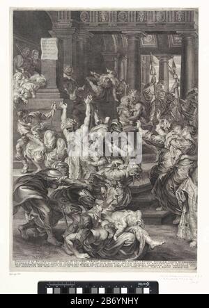 Kindermoord te Betlehem Op de binnenplaats van Herodes' paleis te Betlehem proberen moeders hun kinderen te bechermen tegen diens soldaten. De soldaten hebben de opdracht gekregen alle jongens van twee jaar en jonger te vermoorden. De soldaten rukken de kinderen uit de armen van de wanhopige Moeders. In de marge een opdracht in het Latijn. Hersteller : Hersteller: Paulus Pontius (vermeld op object)naar schilderij van: Peter Paul Rubens (vermeld op object)opgedagen aan: Antonius-Triest (vermeld op object)opgedagen aan: Antonio de Tassis (vermeld op object)Plaats Herstellen: Antwerpen Dati Stockfoto