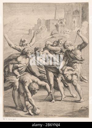 Kindermoord te Betlehem Wanhopige Moeders proberen hun kinderen te bechermen tegen de soldaten van Herodes. OP de achtergrond gebouwen. Hersteller : Pretmaker: Anoniemnaar ontwerp van: Rafaël (vermeld op object)Plaats herstellen: Italië dating: 1493 - 1570 Physikalische Kenmerken: Tiefdruckmaterial: Papier Techniek: Graveren (drukproceé) Abmessungen: Blad: H 248 mm (binnen plaatrand afgesneden) × b 189 mm (binnen und unschuldigen) Stockfoto