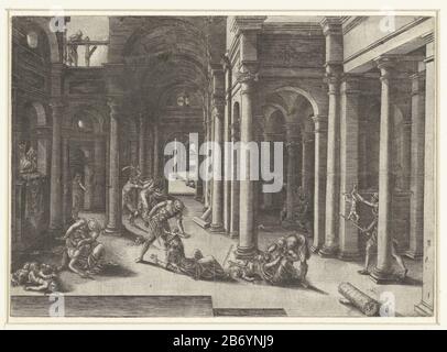 Kindermoord te Bethlehem In einem hohen Raum mit vielen Säulen versuchen Soldaten Kinder zu ermorden, während Mütter versuchen, sie zu retten. "King Herodes Look Toe". Hersteller : Druckerhersteller Jean de Gourmont (I) (denkmalgeschütztes Gebäude) Ort Herstellung: Frankreich Datum: 1498 - 1551 Physische Merkmale: Fahrzeugmaterial: Papiertechnik: Enra (Druckverfahren) Abmessungen: Blatt: H 153 mm × W 215 mm Betreff: Das Massaker an den Unschuldigen; manchmal sieht Herodes unwahrscheinliche Rekrutierung und Rechtslage aus Stockfoto