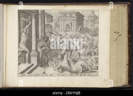 Kindermoord te Betlehem Van de Wysen uyt den Oosten (serietitel) Jeugd van Christus (serietitel) den Grooten Figuer-Bibel (serietitel) in den Straßen von Bethlehem versuchen Mütter, ihre Kinder vor Herodes Soldaten zu schützen. Diese wurden allen Jungen zwei Jahre alt und unter in Bethlehem zur Ermordung beordert. Unter den Aufführungsreferenzen in lateinischer Sprache auf die Bibel in Matt. 2:16. Dieser Druck ist Teil eines Albums. Hersteller : Druckhersteller: Johann Sadeler (I) zu einem Entwurf von: Gerard van Groeningen Herausgeber: Claes Jansz. Visscher (II) Herausgeber: Jan Philipsz SchabaeljePlaats Herstellung: Verlag: Amsterda Stockfoto