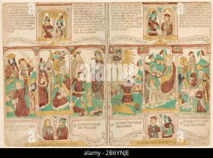Kindermoord te Bethlehem en de terugkeer van de Heilige familiie uit Egypte Unit Book bifolium from a Library Pauperum with Infanticide in Bethlehem and the Return of the Holy family in Egypt, flankiert von typologischen Szenen aus dem Alten Testament und den oberen und unteren Bildern von Profeten. Hersteller: Druckmaschine: Anonymer Ort Herstellung: Südniederland Datum: CA. 1460 - ca. 1470 Physikalische Merkmale: Handfarbenes Holzschnittmaterial: Papiertechnik: Holzschnitt / Handfarbenabmessungen: H 269 mm × W 384 mm Betreff: Das Massaker an dem unschuldigen typologischen Gegenüberstellung, den christus mit seinem zurückbringt Stockfoto