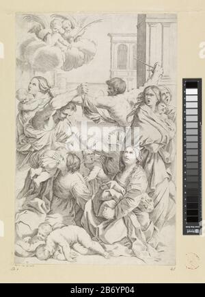 Kindermoord te Betlehem Wanhopige Moeders proberen hun kinderen te bechermen tegen de soldaten van Herodes. OP de achtergrond gebouwen. Linksboven twee putti met bossen palmtakken op wolken. Hersteller : Hersteller: Gian Battista Bolognini (I)naar schilderij van: Guido ReniSlaats Herstellung: Prentmaker: Italiënaar schilderij van: Bologna dating: 1621 - 1688 Physikalische Kenmerken: ETS Material: Papier Techniek: Etsen Abmessungen: Blad: H 405 mm (Binnen plaatrand afgesneden.) × b 264 mm (Binnen plaatrand afgesneden.)ToelichtingNaar schilderij van Guido Reni in de Pinacoteca Nazionale te Bologna. Stockfoto