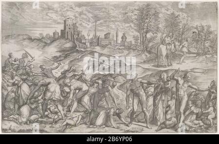 Kindermoord te Betlehem en de vlucht naar Egypte Infanticide in Bethlehem und die Flucht nach Ägypten Immobilientyp: Bild Artikelnummer: RP-P-ob-39.177Catalogusreferentie: Die Illustrierte Bartsch 1Bartsch 1 Definition: Herodes Soldaten ermorden alle Jungen zwei Jahre und darunter in Bethlehem. Die Mütter versuchen, ihre Kinder zu schützen. Im Hintergrund rechts flüchtet die heilige Familie nach Ägypte. Hersteller : Druckmaschine: Martino Rota (denkmalgeschütztes Gebäude) Herausgeber: Luca Guarinoni (denkmalgeschütztes Eigentum) Ort Herstellung: Druckmaschine: Italien Herausgeber: Venedig Datum: 1569 Physische Merkmale: Fahrzeugmaterial: Pape Stockfoto