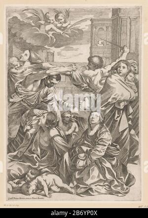 Kindermoord te Betlehem Wanhopige Moeders proberen hun kinderen te bechermen tegen de soldaten van Herodes. OP de achtergrond gebouwen. Linksboven twee putti met bossen palmtakken op wolken. Hersteller : Prentmacher: Anoniemnaar schilderij van: Guido Reni (vermeld op object)Plaats Herstellung: Prentmacher: Italiënaar schilderij van: Bologna dating: 1585 - 1692 Physikalische Kenmerken: ETS met Plaattoon-Material: Papierer Techniek: Etsen / Plaattoon Abmessungen: Plaatrand: H 365 mm × 254 b das Unschuldige Massaker Manchmal schaut Herodes weiter Stockfoto