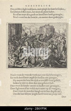 Kindermoord te Betlehem Soldaten mit gezogenem Schwere: Die Tötung auf Befehl des Herodes aller Jungen unter zwei Jahren im weiteren Umkreis von ​​Bethlehem. Die Soldaten ließen die Kinder aus den Armen ihrer Mütter energisch verteidigen. Seite aus einem Buch mit Text auf recto und verso. Hersteller: Druckmaschine: Crispin van den Queborn (Listed Property) entworfen von: Adriaen Pietersz. Van de Venne (Listed Property) Ort Herstellung: Den Haag Datum: 1637 Physikalische Merkmale: Engra und Druckmaterial: Papiertechnik: Engra (Druckverfahren) / Druckformate: Plattenkante: H 100 mm × TingW 135 mmToelichIllust Stockfoto