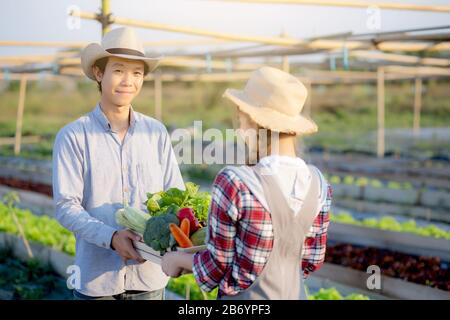 Schöne junge asiatische Frau und Mann, die frisches biologisches Gemüse mit Korb zusammen in der Hydroponikfarm, Ernte und Landwirtschaft und Kultivati halten Stockfoto