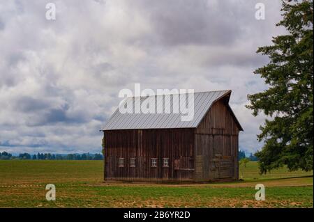 Barn liegt auf einem landwirtschaftlichen Feld unter bewölktem Himmel im ländlichen Oregon. Stockfoto