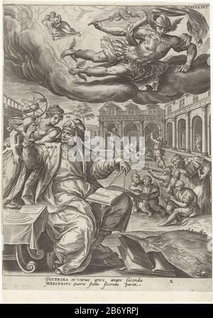 Kindertijd onder invloed van Mercurius Septem planetae, septem hominis (serietitel) De zeven planeten de zeven leeftijden (serietitel) In der Luft schwimmt den Planeetgod Merkur. Er wird von den Twins begleitet, seinem astrologischen Zeichen. Im Vordergrund die Personifikation von Doctrina, Bildung. Als ehemaliger Lehrer studiert er einen Himmelsglobus und nimmt Messungen mit einem Kompass vor. Eine junge Frau mit Kompass hilft ihm dabei: Lesen Sie den Hintergrund Lernen Sie junge Leute, schreiben, Geometrie und Bogenschießen. Der Druck hat eine lateinische Bildunterschrift und ist Teil einer siebenteiligen Serie über die Macht des sieben Planeten Stockfoto