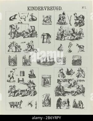 Kindervreugd (titel op object) Meijers Pränen (serietitel) führen 37 Vorstellungen von Kinderspielen und Aktivitäten, Objekten und Tieren auf. Oben rechts nummeriert: Nr. 7. Hersteller : Herausgeber: De Ruyter & Meijer Druckautor: Anonymer Ort Herstellung: Amsterdam Datum: 1873 Physikalische Merkmale: Lithographisches und textdruckendes Material: Papiertechnik: Lithographie (Technik) / Druckformate: Blatt: H 425 mm × W 346 mm Fach: Kinderspiele und Kindererziehung, Wissenschaft und Studium Tiere und Stockfoto