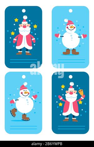 Vector Weihnachten und Neujahr Tags mit Cartoon-Figuren Santa und Snow man Stock Vektor