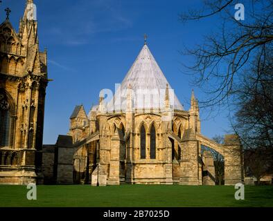 Chapter House, Lincoln Cathedral. C 13th Polygonales Kapitelhaus am Nordostende der Domkirche Stockfoto