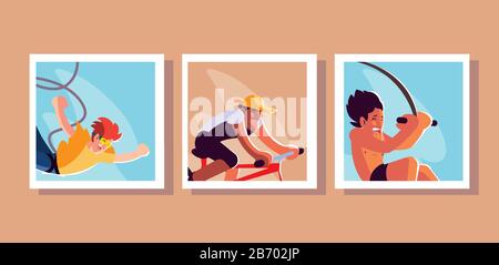 Kartenset Menschen in Sportaktivitäten Vektorgrafiken Stock Vektor