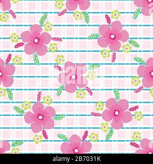 Tropischer Blume nahtloser Vektor-Muster Hintergrund. Handgezogene blüht exotische Kulisse. Moderne helle Blumenmuster im Plaid Design. Heißer Sommer auf der ganzen Linie Stock Vektor