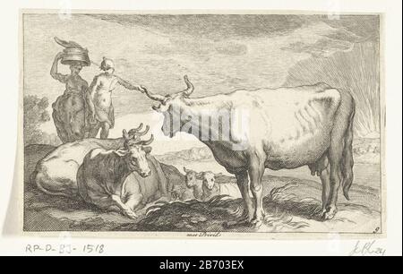 Koeien Dieren (Serietitel) eine Kuhherde mit zwei Kälbern. Hinter den Tieren spazieren zwei Frauen. Drucken Sie eine Serie von 14 Ausdrucken mit verschiedenen nativen dieren aus. Hersteller: Druckmaschine: Frederick Bloemaert zur Zeichnung von Abraham Bloemaert Herausgeber: Nicolaes Visscher (I) Anbieter von Privilegien: States General (Listed Property) Ort Herstellung: Druckmaschine: Utrechter Verleger: Amsterdam Datum: Nach 1635 - 1670 Physische Merkmale: Engras- und Ätzmaterial: Papiertechnik: Engraa (Druckverfahren) / Etch-Abmessungen: Blatt: H 98 mm × W 155 mm Betreff: Kuh Stockfoto