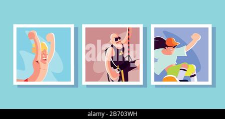 Kartenset Menschen in Sportaktivitäten Vektorgrafiken Stock Vektor