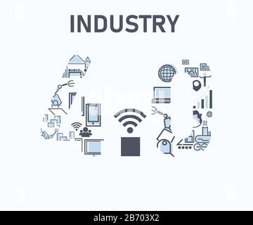 Technologiebranche 4.0 Icon Industrie für Dampfkraft, Fertigung, Robotermanagement und drahtlose Kommunikationsfabrik in flachem Stil Stock Vektor