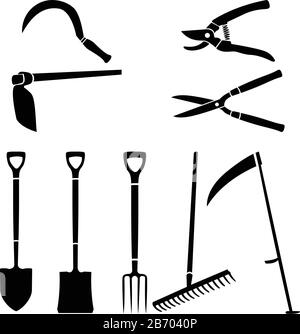 Symbolsatz von Bauernwerkzeugen, isolierte Elemente, bereit für die Schneidmaschine Stock Vektor