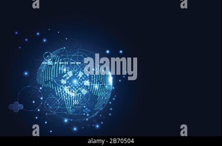 Abstraktes Technologiekonzept globale Netzwerkanbindung futuristischer Erdball virtuelle Hologramm-Kommunikation Welt und digitale Verbindung für Vorlage Stock Vektor
