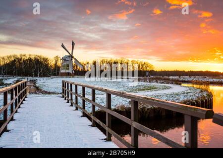 Witte Molen (weiße Mühle) holländische Windmühle im Winter bei Sonnenuntergang, Harn, Groningen, Nord Holland, Niederlande Stockfoto
