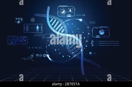 Abstrakte Technologie ui futuristisches humanes medizinisches hud-Interface Hologrammelemente digitaler Datendiagramme, DNA, Fingerabdruck, Hirn-Computing-Kreis-Vitalität Stock Vektor