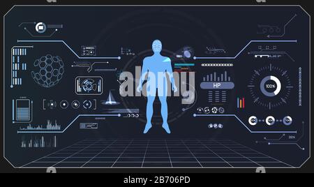 Abstrakte Gesundheitstechnologie ui futuristisches hud-Hologramm Elemente digitaler Datendiagramme, Kommunikation, Computing und Innovation auf Hi te Stock Vektor