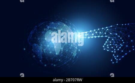 Abstrakte Technologie Liniendreieck und zeigt niedrige Polygonale Zukunft modernes Drahtmodell auf dem zukünftigen blauen Hintergrund der Welt High-Tech. Stock Vektor