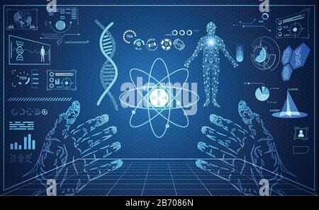 Abstrakte Technologie ui futuristisches humanes medizinisches hud-Interface Hologrammelemente digitaler Datendiagramme, DNA, Fingerabdruck, Hirn-Computing-Kreis-Vitalität Stock Vektor