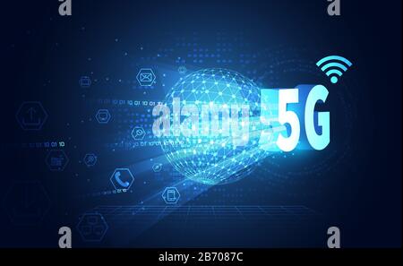 5G-Konzept für drahtlose Internettechnologie Hintergrund wifi-kommunikationsverbindung und ICON-Geschäft mit dem globalen Netzwerk Hochgeschwindigkeitsinnovation connectio Stock Vektor