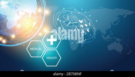 Abstrakte Welt Gesundheitswissenschaft besteht aus Gesundheit plus digitalem Technologiekonzept moderne Medizintechnik, Behandlung, Medizin auf High-Tech Future Blue Backg Stock Vektor