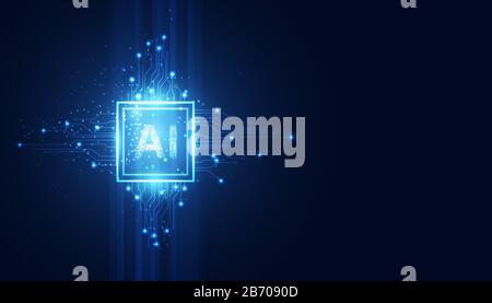 Abstrakte Technologie Ai Rechenkonzept Arbeitsdaten Künstlicher Intelligenz und futuristisches Digital für die Zukunft auf dunkelblauem Hintergrund. Stock Vektor