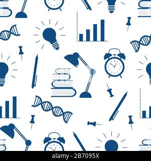 Vector Education nahtlose Musterabbildung mit Büchern, Lampe, dna-Kette, Stift, Wecker, Glühbirne, Zeitplan. Lernen, unterrichten, lernen, Konce Stock Vektor