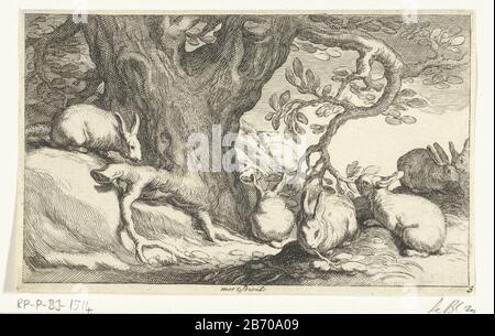 Konijnen Dieren (serietitel) ein Paar Kaninchen sitzt am Fuß eines Baumes. Drucken Sie eine Serie von 14 Ausdrucken mit verschiedenen nativen dieren aus. Hersteller: Druckmaschine: Frederick Bloemaert zur Zeichnung von Abraham Bloemaert Herausgeber: Nicolaes Visscher (I) Anbieter von Privilegien: States General (Listed Property) Ort Herstellung: Druckmaschine: Utrechter Verleger: Amsterdam Datum: Nach 1635 - 1670 Physische Merkmale: Engras- und Ätzmaterial: Papiertechnik: Engraa (Druckverfahren) / Etch-Abmessungen: Blatt: H 98 mm × W 155 mm Betreff: Nagetiere: Harerodents: Kaninchen Stockfoto